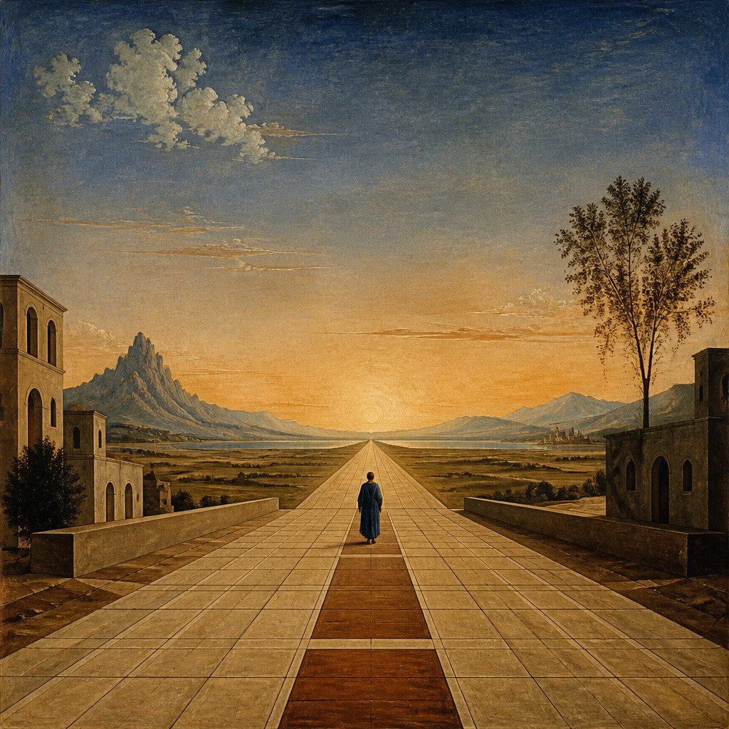 a solitary figure walking toward a glowing horizon across an empty plain, moody atmosphere, no text or lettering
