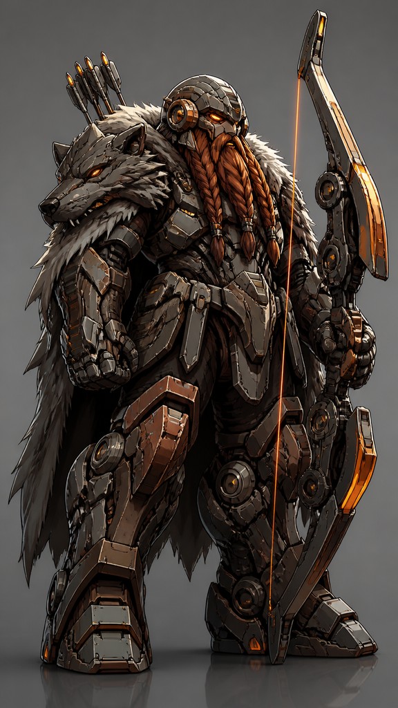 full-body original character: a dwarven ranger with a braided auburn beard, worn leather armor, a longbow and a wolf-pelt cloak, neutral background, no text