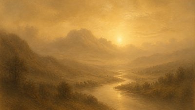 a vast valley with a river winding toward distant mountains at sunrise, no people, no text