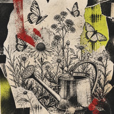 a garden scene with butterflies, flowers and a watering can, clean uncolored line art, no text