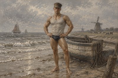 a painting of a man standing on a beach next to a boat