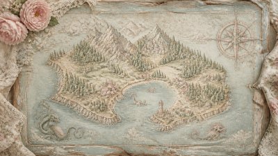 a map of an island realm with mountains, forests, a sheltered bay, sea monsters in the water and a compass rose, no text labels