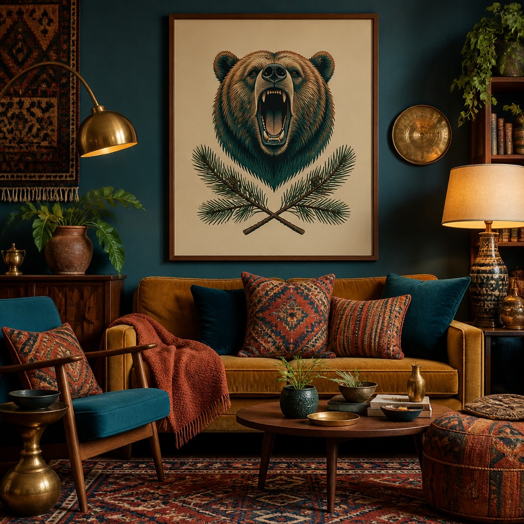 a roaring bear head above crossed pine branches, bold graphic composition on a plain background, no text