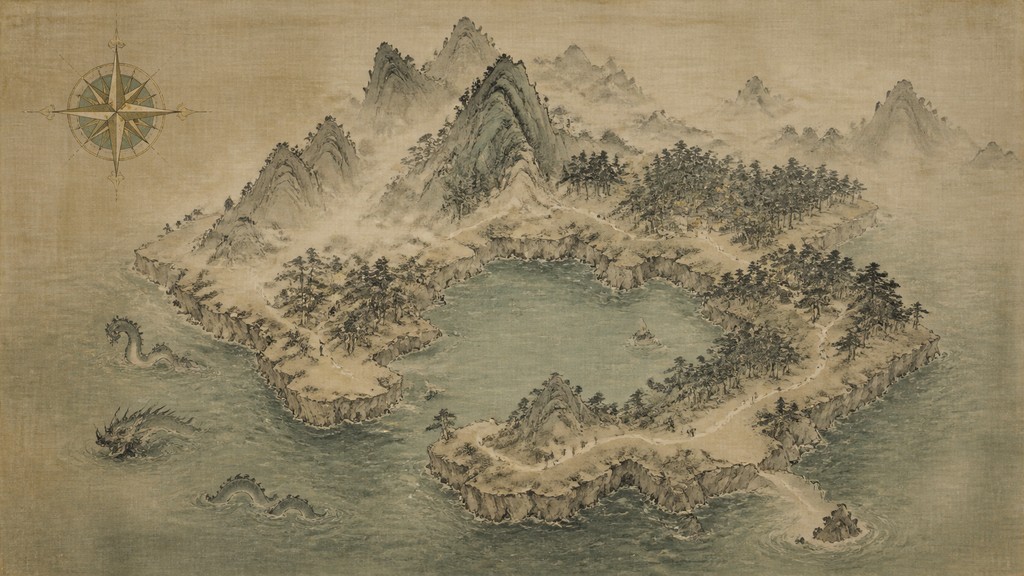 a map of an island realm with mountains, forests, a sheltered bay, sea monsters in the water and a compass rose, no text labels