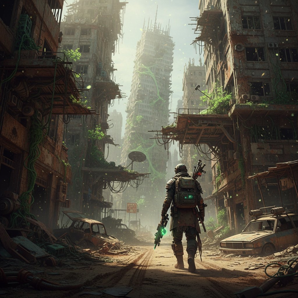 Scavenger in ruined metropolis