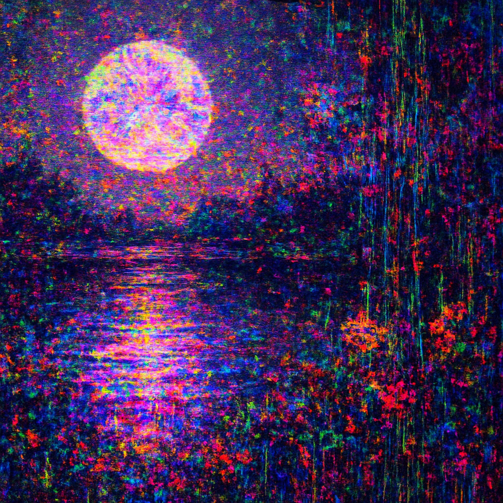 Start with a completely ordinary, even boring photograph of a full moon reflecting over a still lake.
Corrupt it until it no longer resembles its original subject at all, but still somehow feels like it’s haunted by what it used to be. Push the file through at least four different deliberate stages of destruction (e.g. heavy JPEG decay → databend in Audacity → pixel sorting by luminance → extreme RGB channel displacement and offset). Let compression artifacts bloom into impossible colors. Allow entire sections to liquefy and drip downward. Make the metadata scream. The final image should feel like a memory that’s been compressed, encrypted, lost, recovered, and compressed again for twenty years.