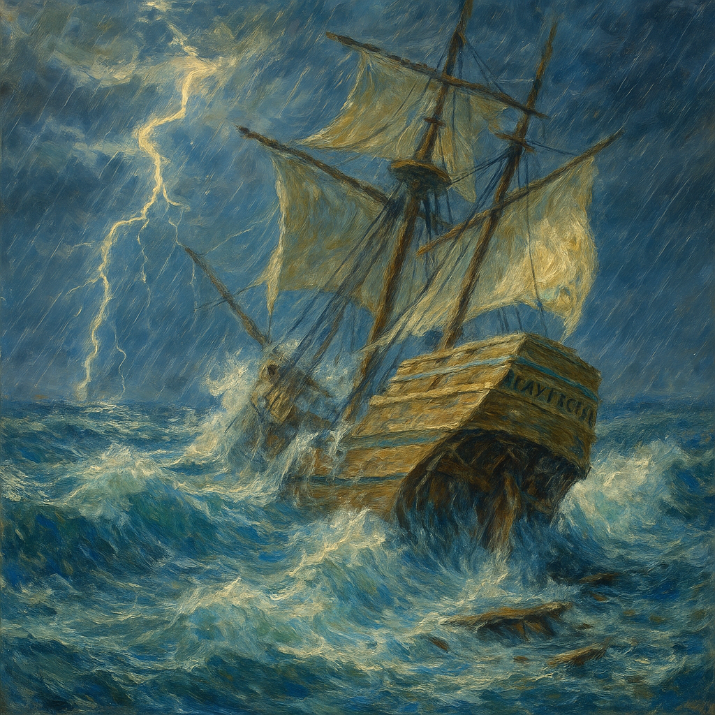 A wooden sailing ship, the Mayflower, on a tempestuous open sea under a dark, stormy sky with lightning. The ship is listing dramatically amidst huge, crashing waves. Rain lashes down. The stern of the ship shows significant damage, with splintered wood and water pouring into the broken transom. Debris from the ship's stern is visible in the churning water around it. The overall mood is one of peril and a desperate struggle against the elements.
