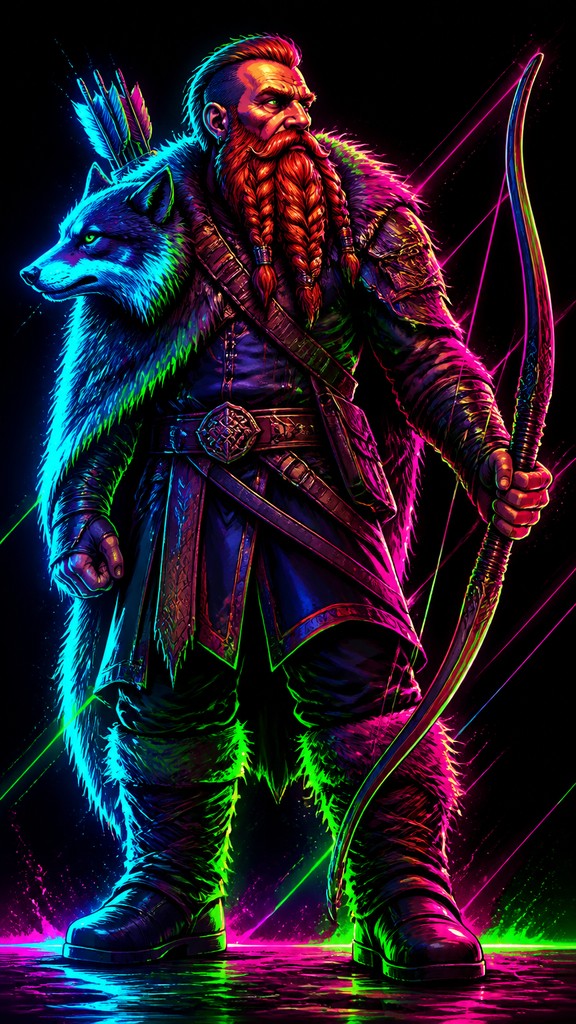 full-body original character: a dwarven ranger with a braided auburn beard, worn leather armor, a longbow and a wolf-pelt cloak, neutral background, no text