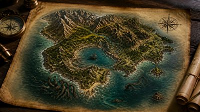 a map of an island realm with mountains, forests, a sheltered bay, sea monsters in the water and a compass rose, no text labels