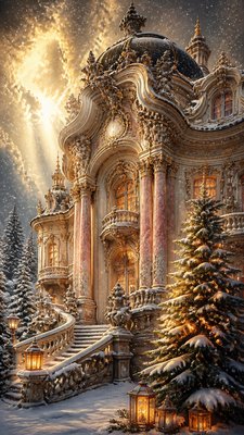 a snow-covered cottage with warm glowing windows beside a decorated pine tree, gentle snowfall, no text