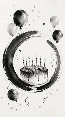 a birthday cake with lit candles surrounded by balloons and confetti, festive vertical composition, no text