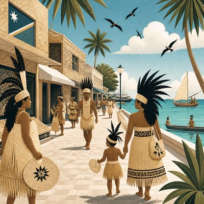 urban street with city activity — Nauruan Art Style