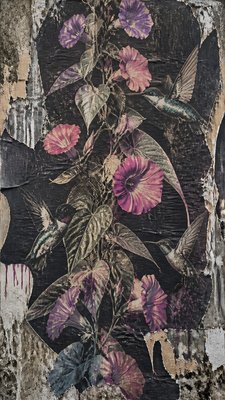 a climbing vine of flowers and hummingbirds on a dark background, tall wrapping composition, no text