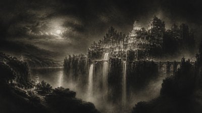a cliffside city with waterfalls cascading into a misty canyon, wide establishing shot, no people, no text