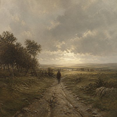 a solitary figure walking toward a glowing horizon across an empty plain, moody atmosphere, no text or lettering