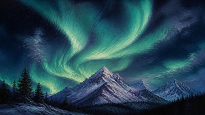 a flowing aurora over snowy peaks, wide sweeping composition, no people, no text