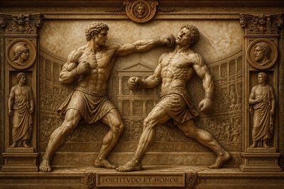 greco-roman arena with two boxers striking each other