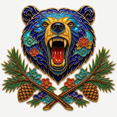 a roaring bear head above crossed pine branches, bold graphic composition on a plain background, no text
