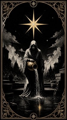 a robed figure pouring water beneath a large eight-pointed star in a night sky, symmetrical composition with an ornate decorative border, no text