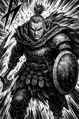 a black and white drawing of a man with a sword