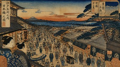 bustling city street panorama at dusk