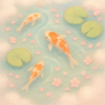 A koi pond seen from above, orange and white koi fish swimming among lily pads, clear water with subtle ripples, fallen cherry blossom petals floating on the surface, dappled sunlight