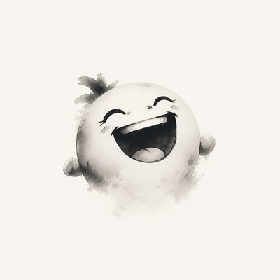 an exaggerated laughing face of an original round mascot character, bold and readable at small size, plain background, no text