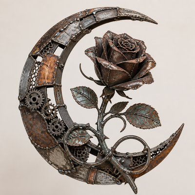 a rose entwined with a crescent moon, clean balanced composition on a plain background, no text