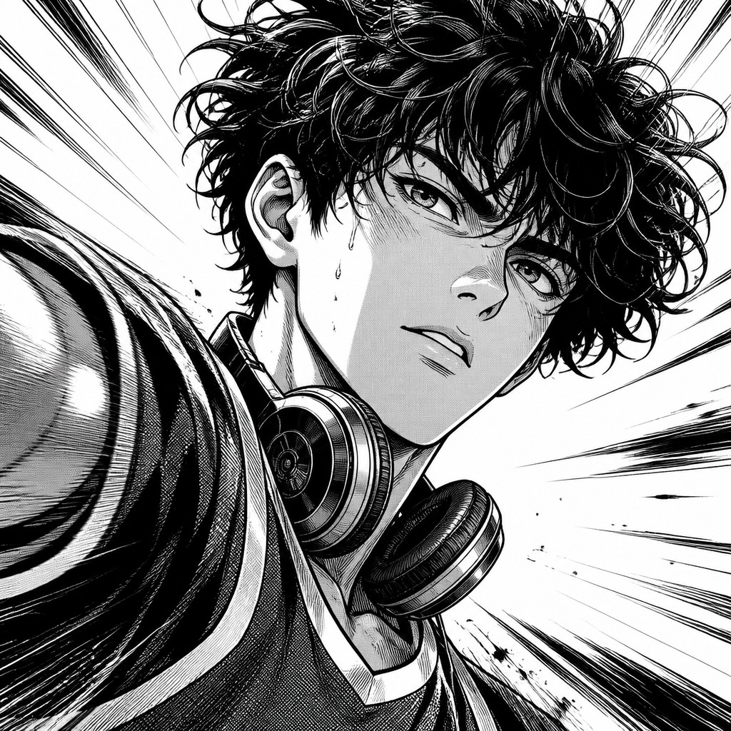 head-and-shoulders portrait of an original character: a young man with curly dark hair and headphones around his neck, plain backdrop, no text