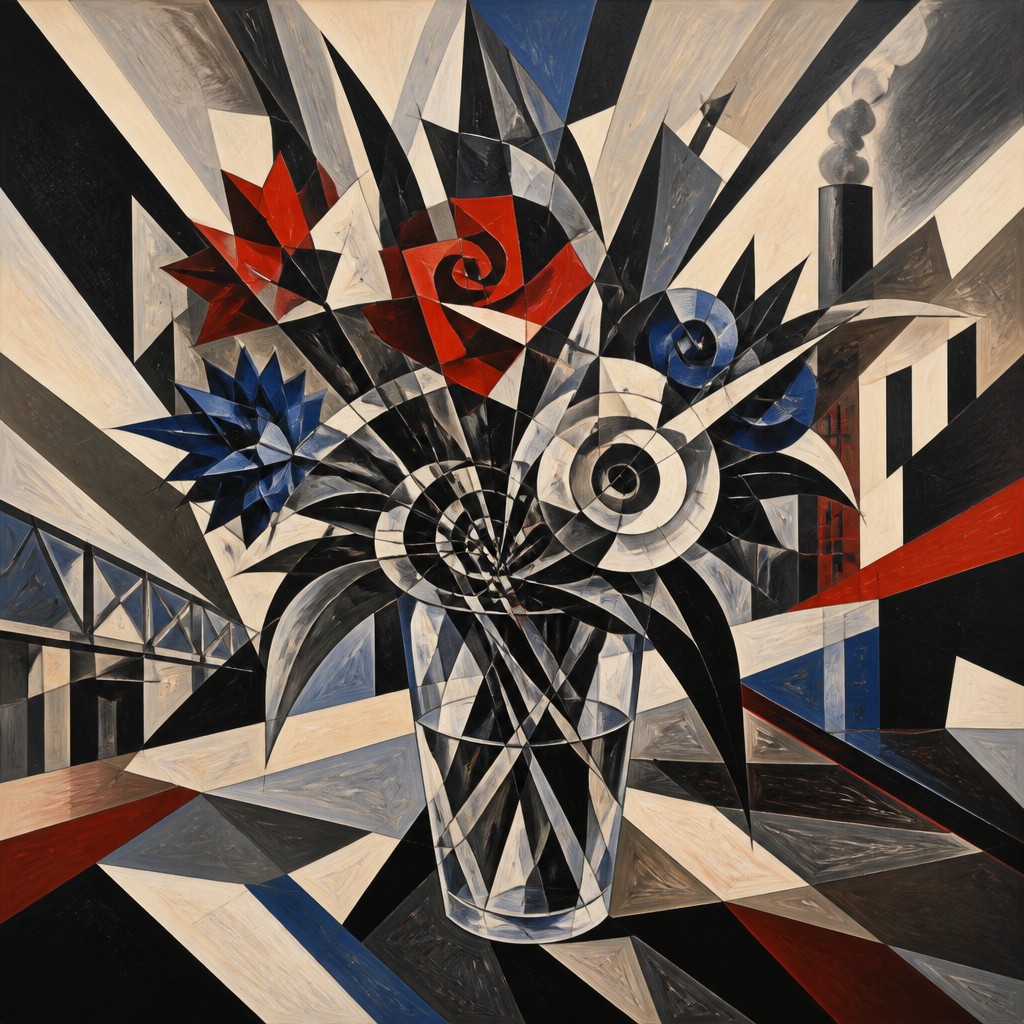 bouquet of flowers in a glass vase — Vorticism Art Style