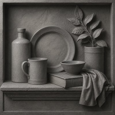 still life with everyday objects — Grisaille Painting Style