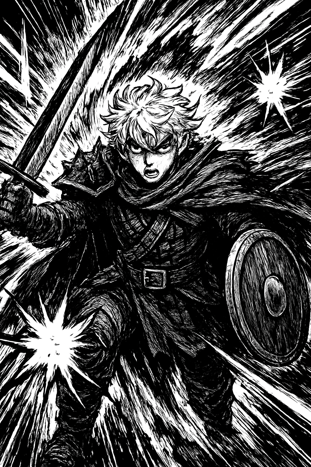 a black and white drawing of a man holding a sword