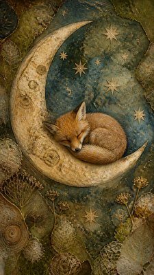 a sleeping baby fox curled on a crescent moon among soft stars, gentle and warm, no text