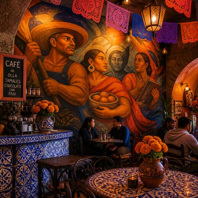 cozy cafe interior with warm lighting