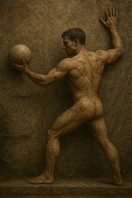 a painting of a man holding a ball