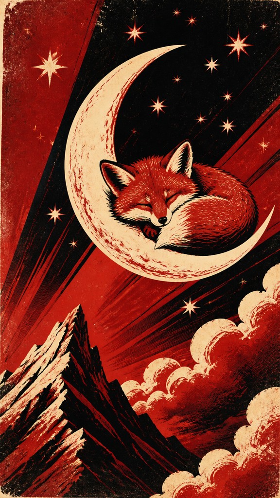 a sleeping baby fox curled on a crescent moon among soft stars, gentle and warm, no text