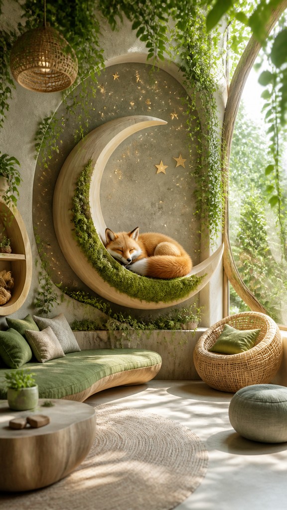 a sleeping baby fox curled on a crescent moon among soft stars, gentle and warm, no text