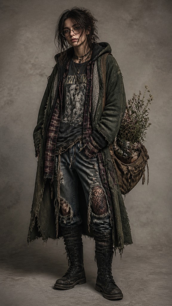 full-body original character: a wandering botanist with a satchel of plants, a patched green cloak, tall boots and round glasses, neutral background