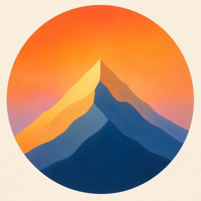 an emblem of a mountain peak inside a circle, simple bold shapes on a plain background, no text or lettering