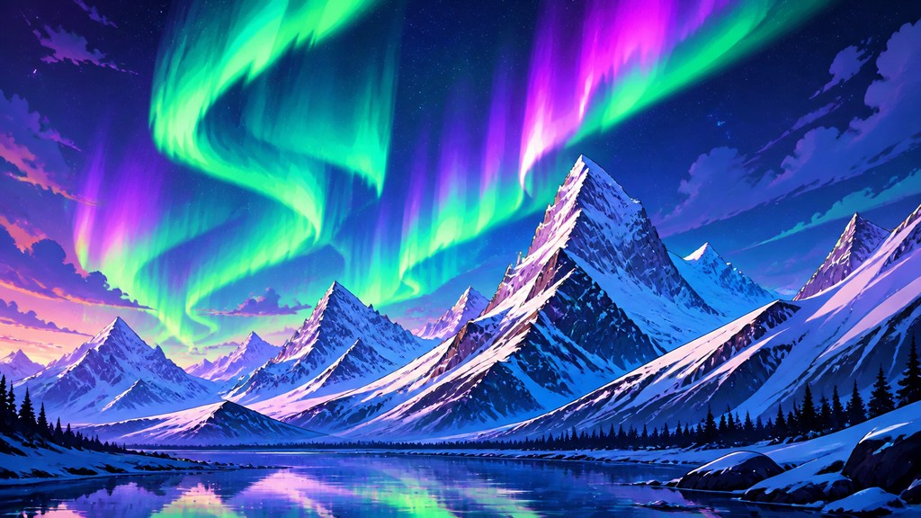 a flowing aurora over snowy peaks, wide sweeping composition, no people, no text