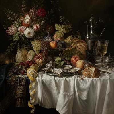 still life arrangement of fruits and flowers