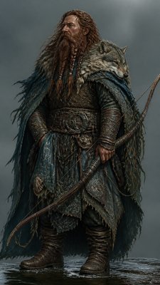 full-body original character: a dwarven ranger with a braided auburn beard, worn leather armor, a longbow and a wolf-pelt cloak, neutral background, no text