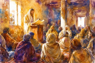 a painting of a priest speaking to a group of people