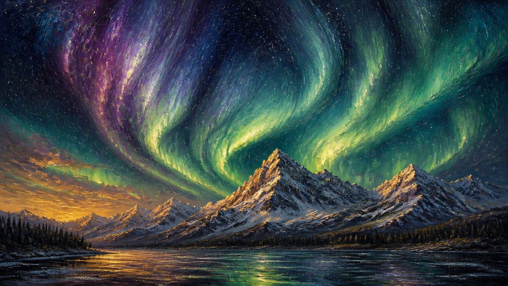 a flowing aurora over snowy peaks, wide sweeping composition, no people, no text
