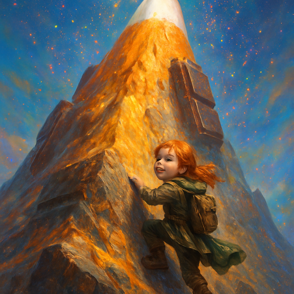 A young red-haired girl in whimsical adventurer gear, bravely climbing a colossal, mountain-sized candy corn. The candy corn mountain has realistic geological features, with crags and steep slopes, made entirely of candy corn, and integrated along its ridges are giant, sculpted chocolate bars. Shimmering, multi-colored pixie stick dust rains down around her like magical snowfall. Determined, joyful expression. Bright, fantastical sky. Hyperrealistic digital painting, fantasy illustration, surreal landscape, epic detailed, cinematic lighting, food art photography." The candy corn is a mountain landscape