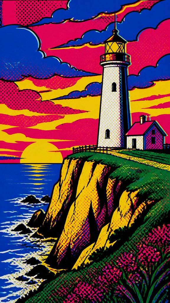 a lone lighthouse on a cliff at dusk under a dramatic sky, no text or lettering
