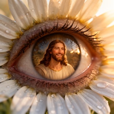 A close up of an eye. Around the eye are daisy petals - as if the eye is the center of the daisy. In the pupil a picture of Jesus , close-up view, macro perspective, joyful mood, golden hour color palette, god rays lighting, framing composition, masterpiece, best quality, ultra detailed, sharp focus, highly detailed