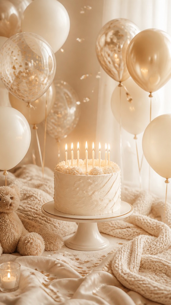 a birthday cake with lit candles surrounded by balloons and confetti, festive vertical composition, no text