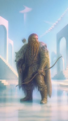 full-body original character: a dwarven ranger with a braided auburn beard, worn leather armor, a longbow and a wolf-pelt cloak, neutral background, no text