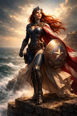 Epic Comic Book Cover Art, Neoclassical Painting Influence, Cinematic Lighting. A majestic female superhero with long red hair, a fusion of Captain America's tactical practicality and the classical personification of "Columbia." She stands atop a rugged coastal fortress wall with the ocean crashing below at dawn.

The Costume: A blend of armored protection and classical drapery. She wears a fitted, reinforced tactical suit in deep ocean blue with scale-mail elements. Over this, a heavy, flowing crimson and white striped sash is draped toga-style across her chest and shoulder, held by a golden eagle clasp.

The Gear: Instead of a cowl, she wears a gleaming, stylized armored tiara/crown with a prominent central star, evoking classical statues. On her left arm is a massive, ornate round shield. The shield features a relief sculpture design: a central star surrounded by an anchor motif and an encircling laurel wreath, painted in muted red, white, blue, and antique gold. She wears heavy armored gauntlets and combat boots.

The Vibe: Powerful, statuesque, and inspiring. Her pose is strong and unwavering, looking out over the horizon. The lighting is golden sunrise light mixing with sea spray.